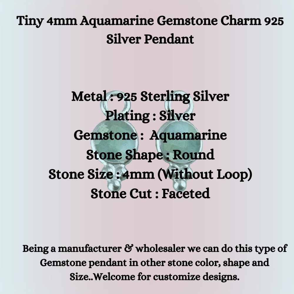Tiny 4mm Aquamarine Gemstone Charm 925 Silver Pendant
