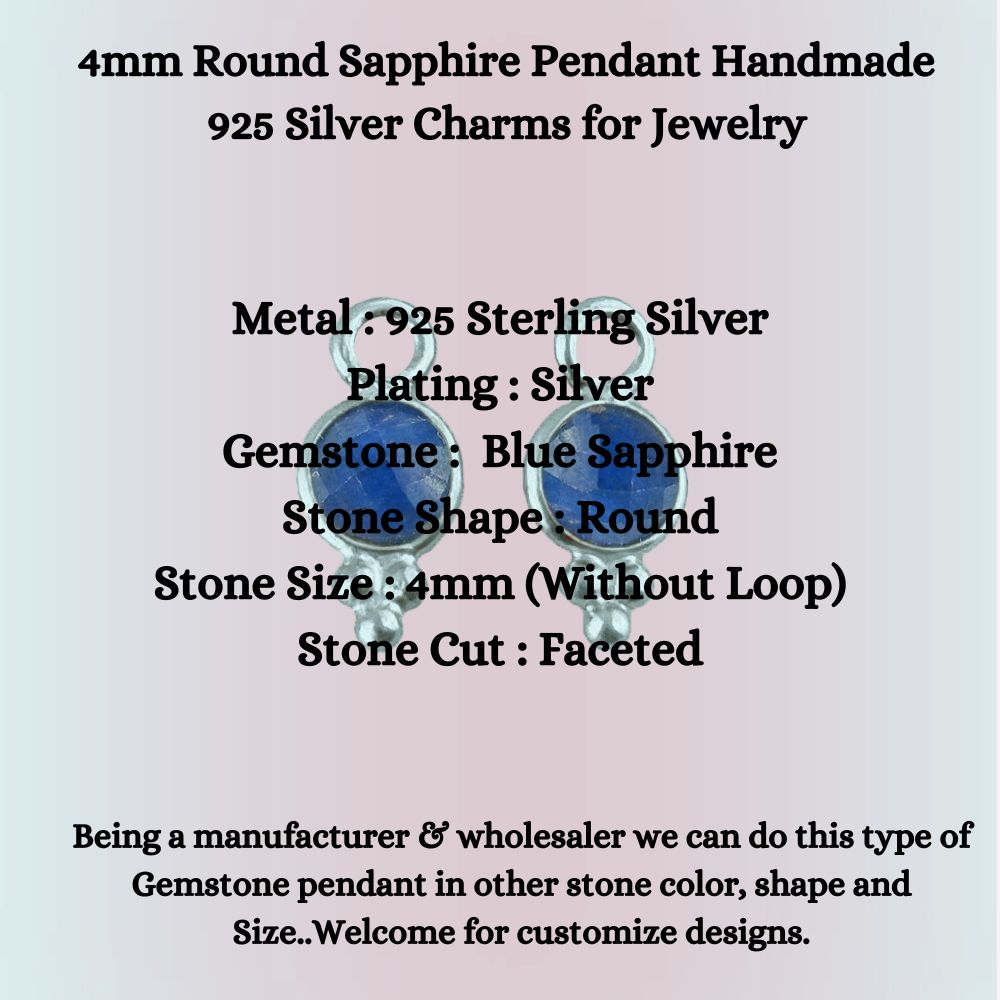 4mm Round Sapphire Pendant Handmade 925 Silver Charms for Jewelry