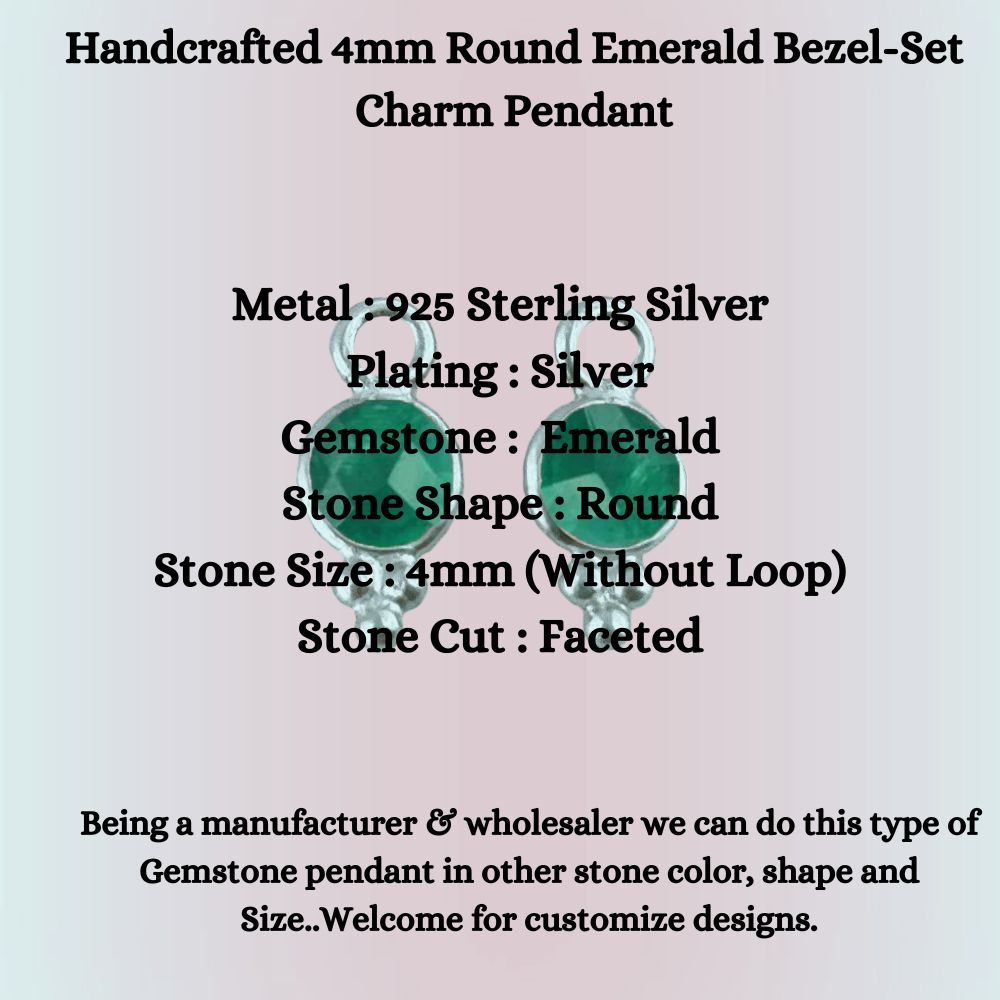 Handcrafted 4mm Round Emerald Bezel-Set Charm Pendant