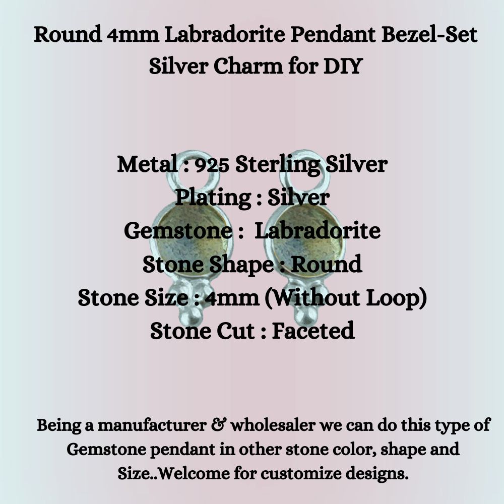 Round 4mm Labradorite Pendant Bezel-Set Silver Charm for DIY