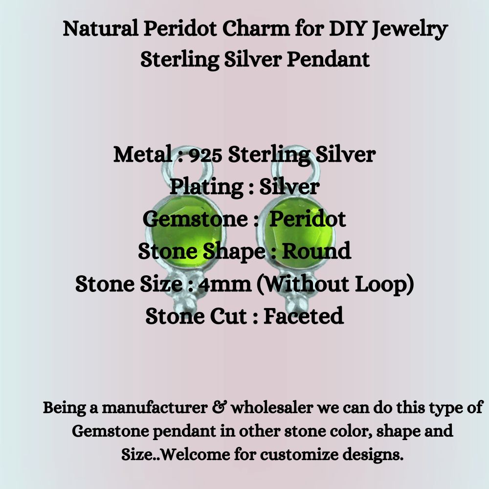Natural Peridot Charm for DIY Jewelry Sterling Silver Pendant
