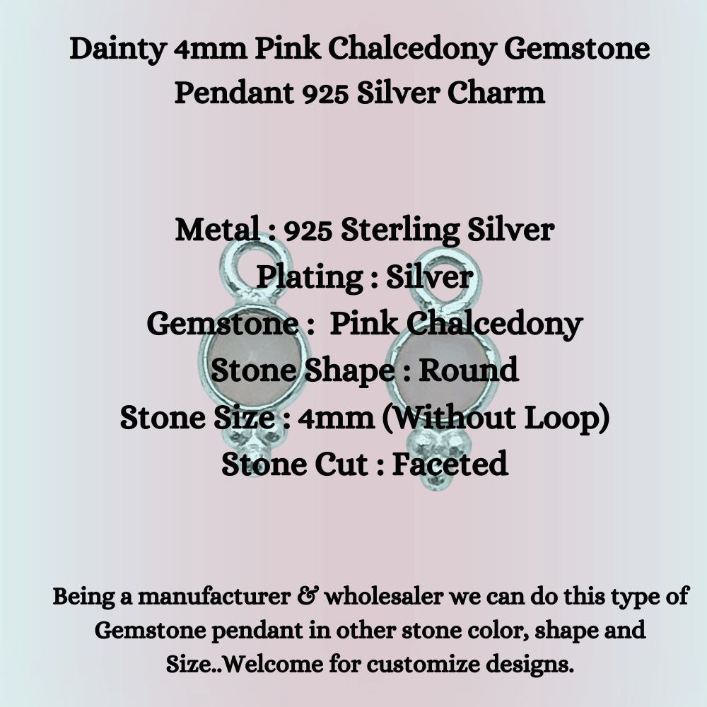 Dainty 4mm Pink Chalcedony Gemstone Pendant 925 Silver Charm