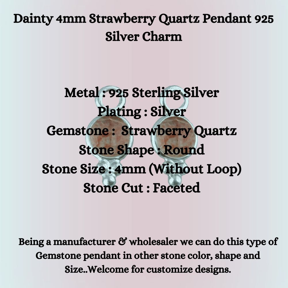 Dainty 4mm Strawberry Quartz Pendant 925 Silver Charm