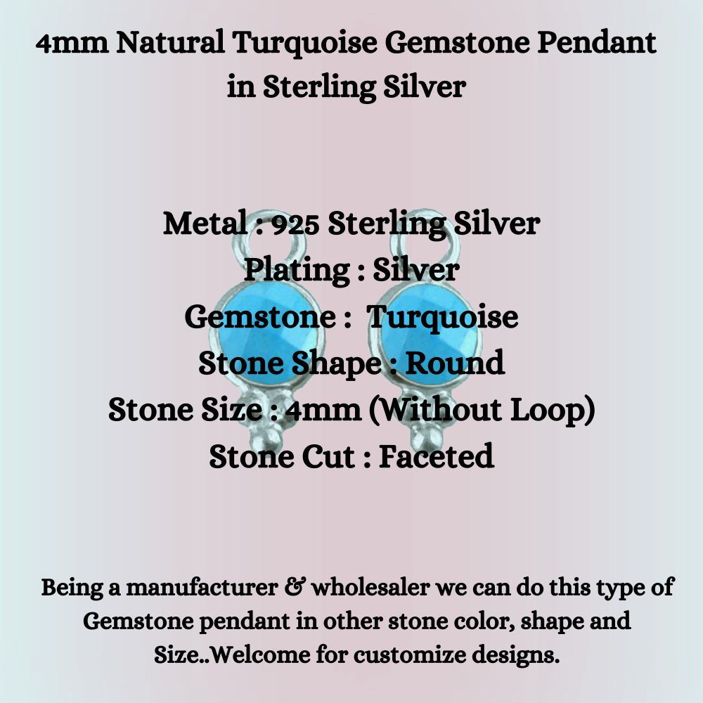 4mm Natural Turquoise Gemstone Pendant in Sterling Silver