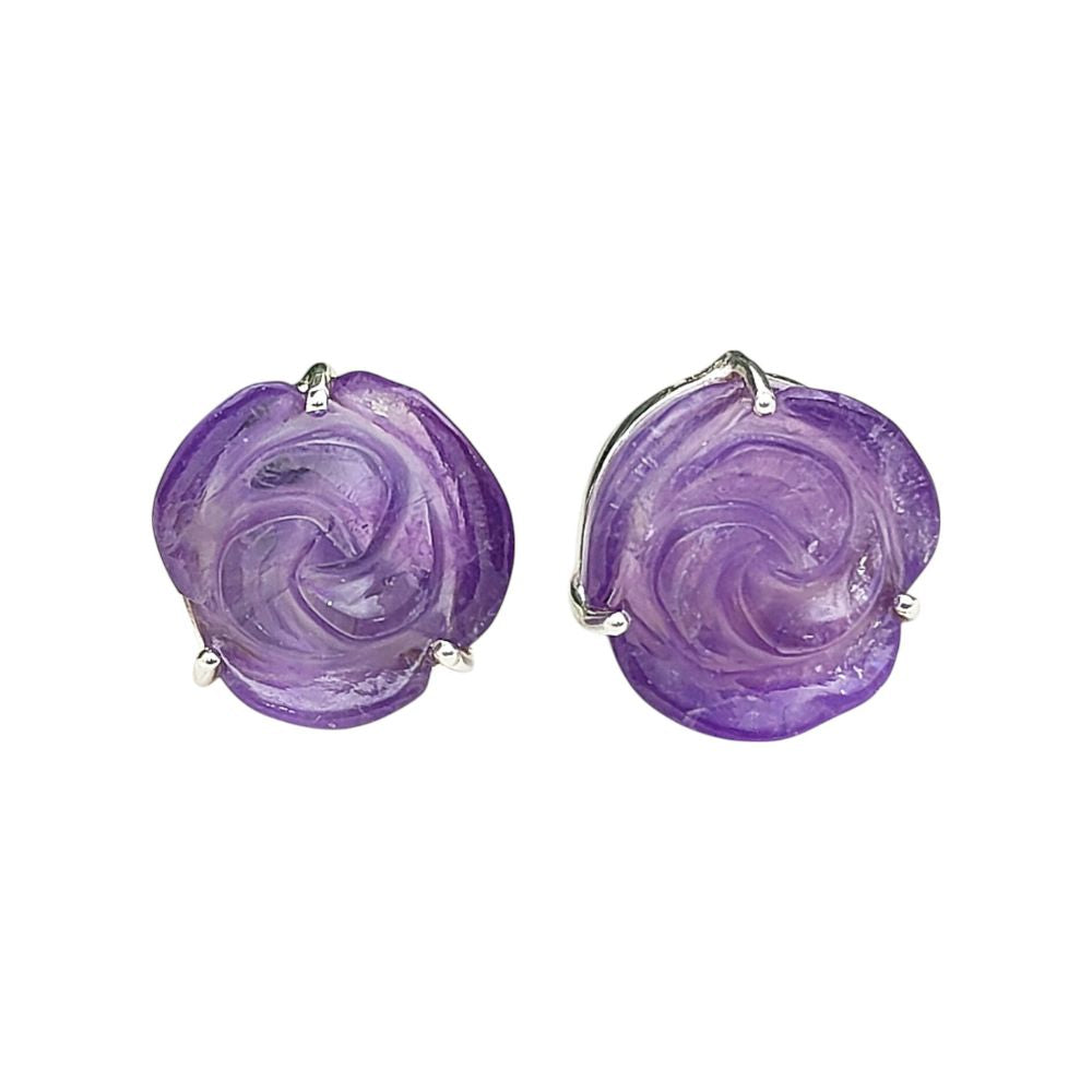 925 Sterling Silver Floral Stud Earring – Hand-Carved Rose with Multi-Gemstone Inlay (Sold Individually)