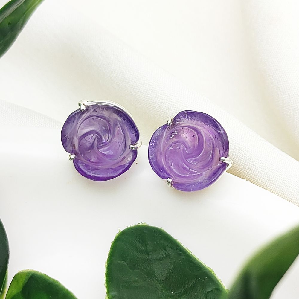 Amethyst Floral Stud Earrings – Handcrafted Rose Design in 925 Silver, Sold as a Pair