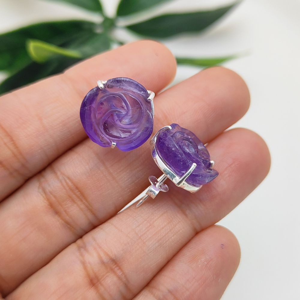 Romantic Amethyst Stud Earrings – 925 Sterling Silver Rose Design, February Birthstone Gift (Pair)