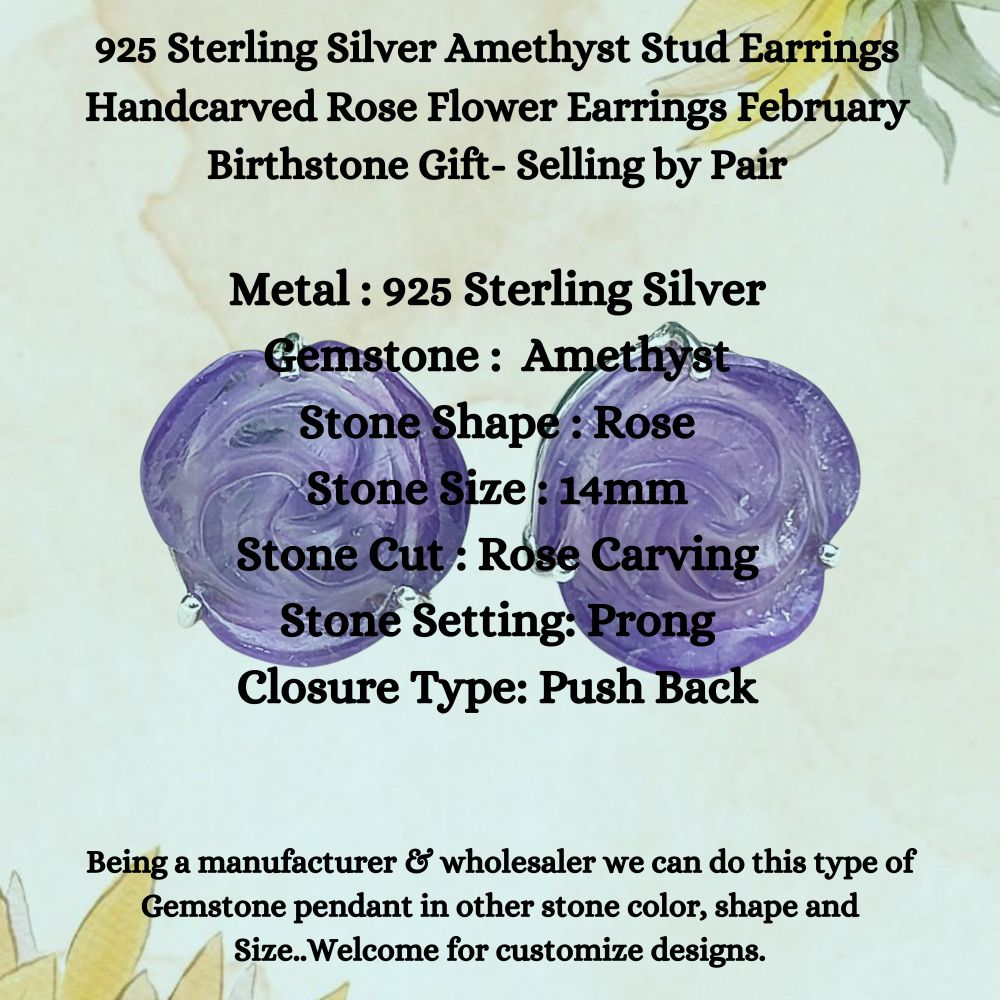 February Birthstone Stud Earrings – Amethyst Rose Design in 925 Silver, Sold as a Pair