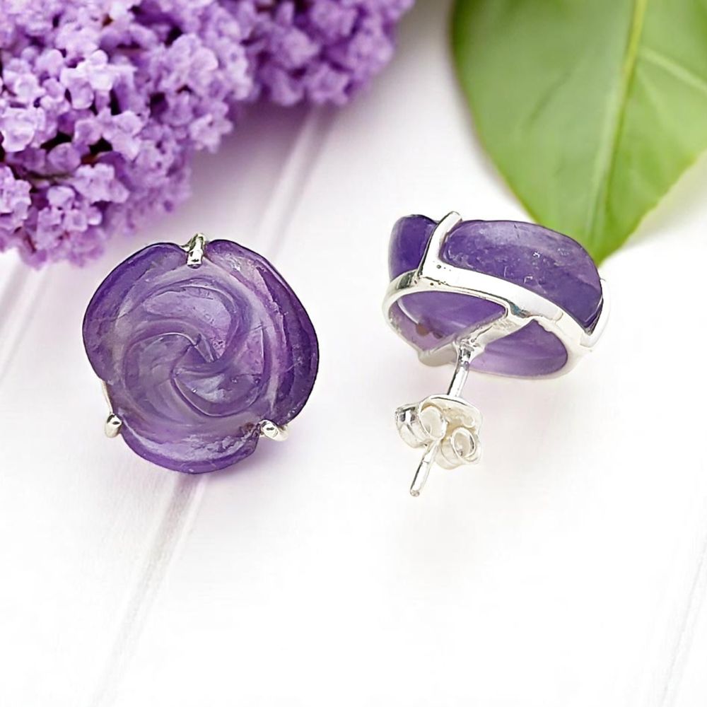 Sterling Silver Amethyst Stud Earrings – Carved Rose Design, February Birthstone Gift (Pair of Studs)