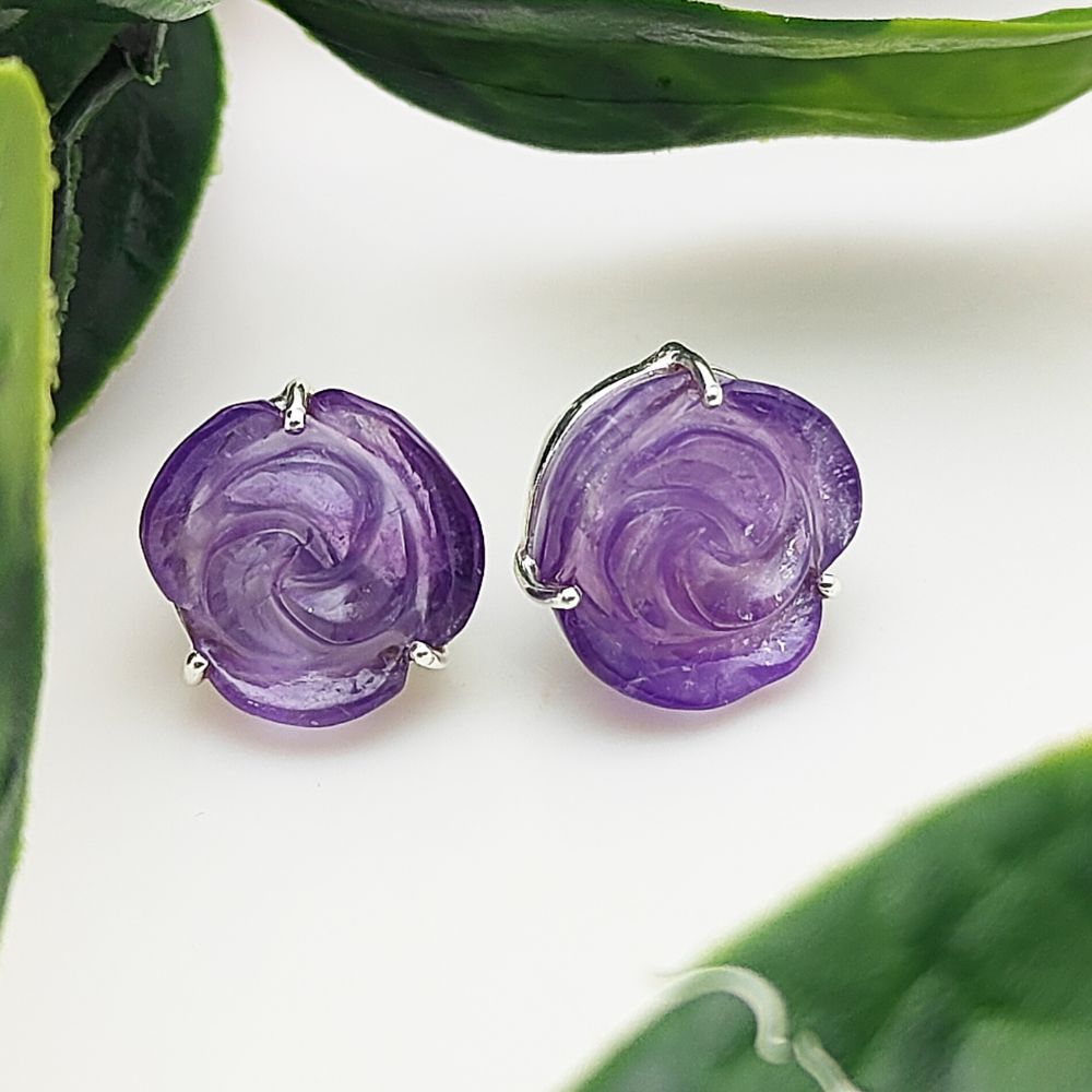 Handcarved Amethyst Rose Earrings – Floral Studs in 925 Sterling Silver, Gift for Her (Pair)
