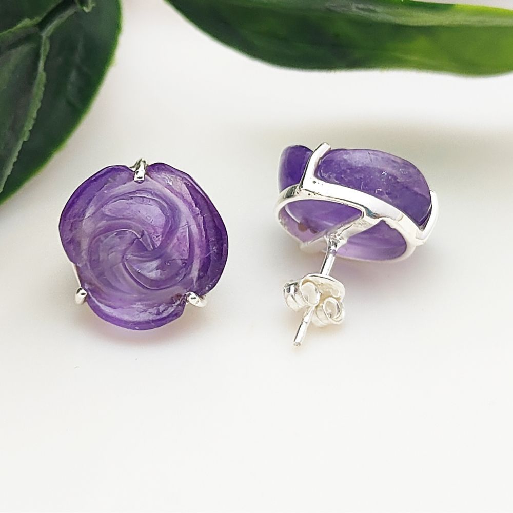 925 Sterling Silver Amethyst Stud Earrings Handcarved Rose Flower Earrings February Birthstone Gift- Selling by Pair
