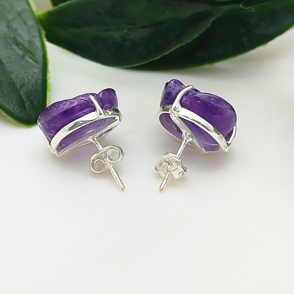 925 Sterling Silver Amethyst Stud Earrings Handcarved Rose Flower Earrings February Birthstone Gift- Selling by Pair
