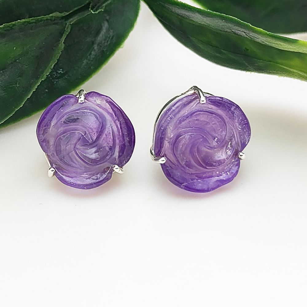 925 Silver Amethyst Stud Earrings – Handmade Rose Flower Design, Birthstone Earrings (Pair)