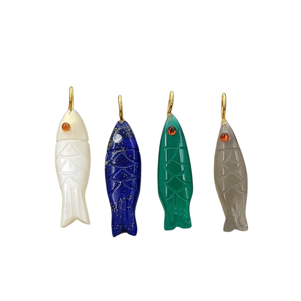 Handmade carved gemstone fish pendant in 925 sterling silver