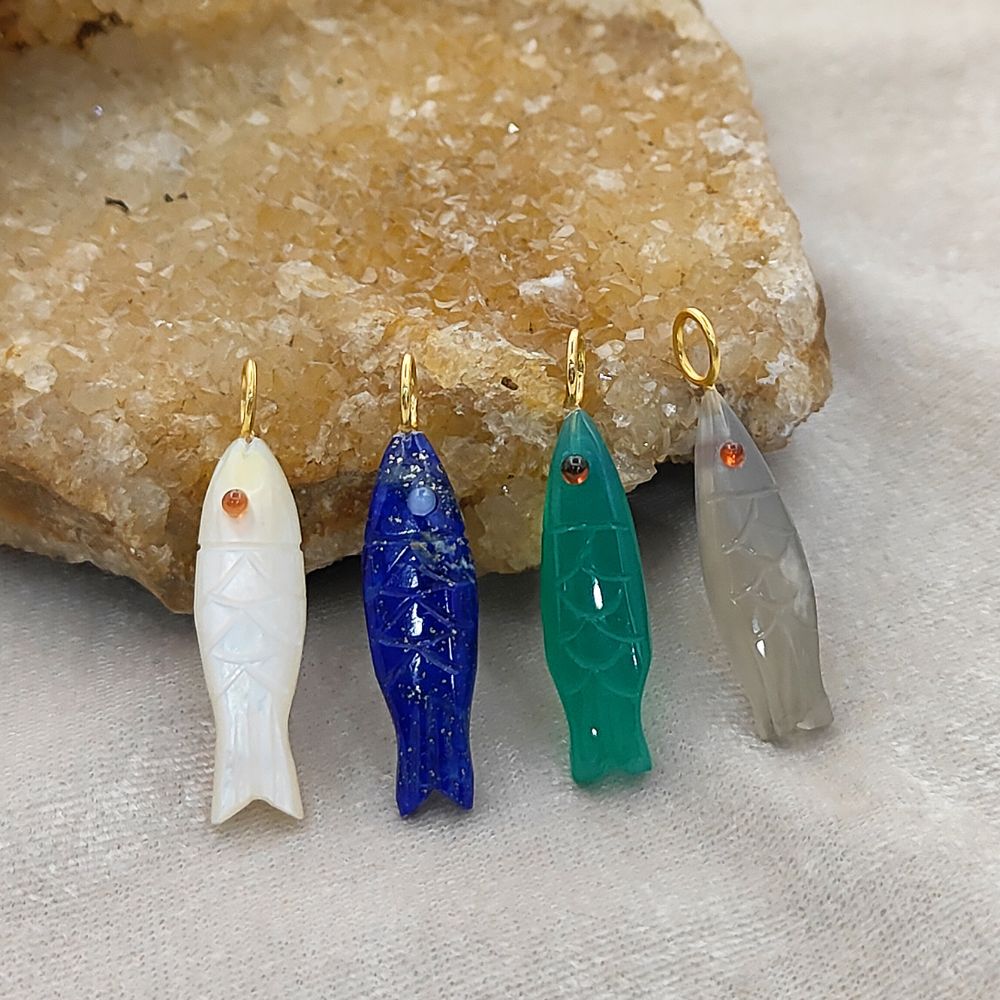 Handmade Grey Moonstone Carved Fish Pendant 925 Sterling Silver Ocean Nautical Animal Gemstone Charm for Jewelry- Selling Per Piece