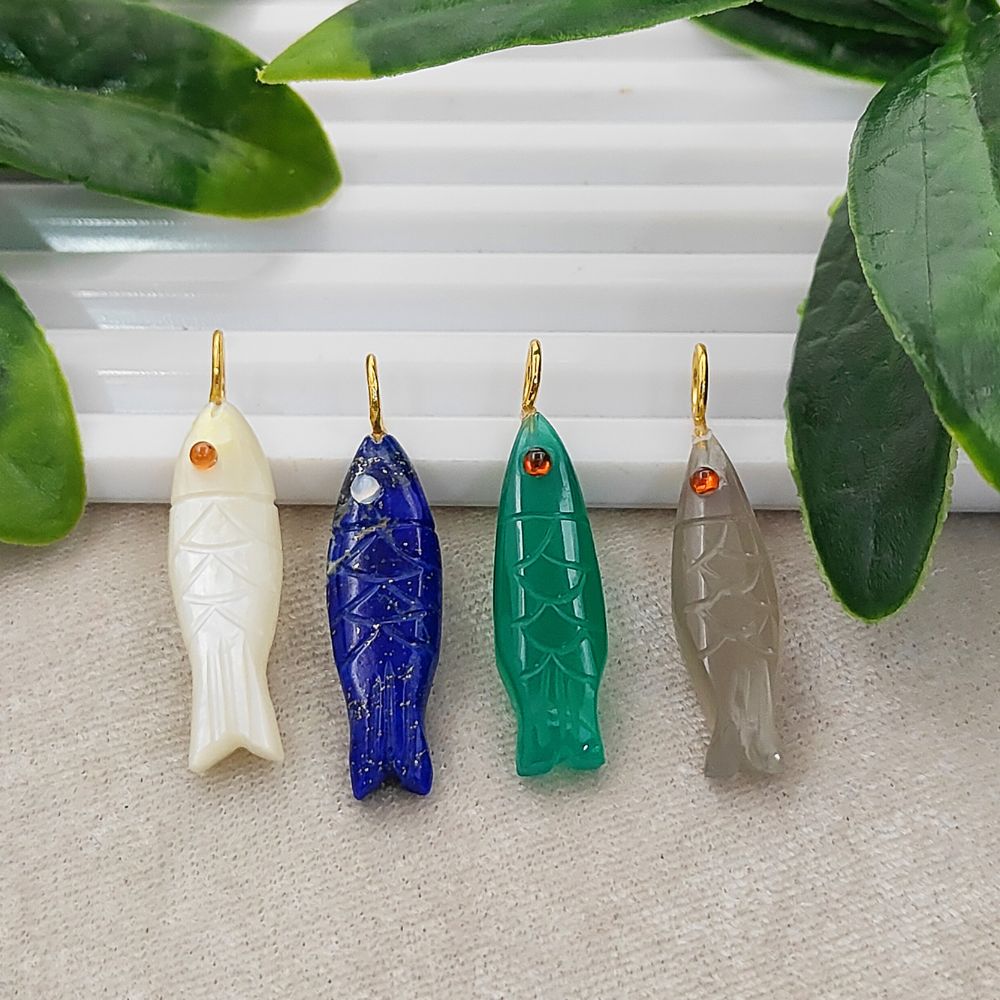 Mother of Pearl Carved Gemstone Fish Pendant 925 Sterling Silver Handmade Ocean Nautical Animal Charm for Necklace Making- Selling Per Piece