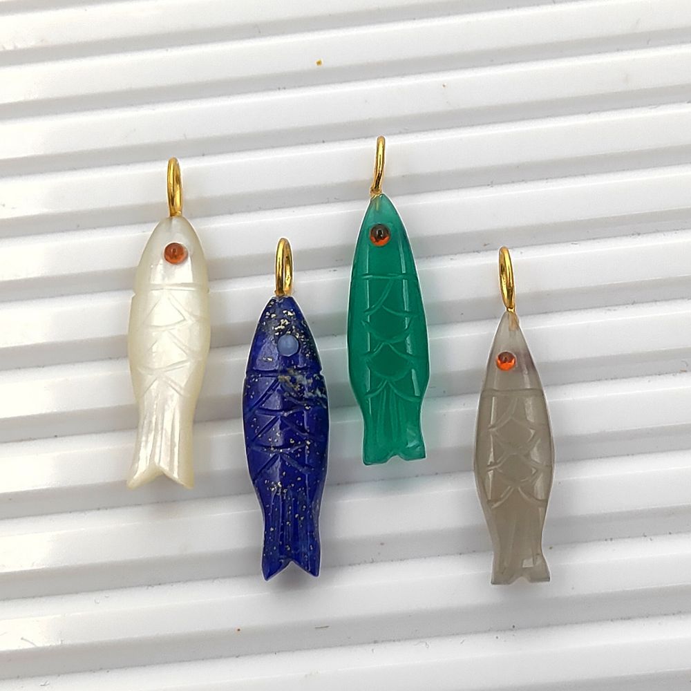 Hand-Carved Green Onyx Fish Pendant in 925 Sterling Silver Handmade Nautical Animal Charm for DIY Jewelry- Selling Per Piece