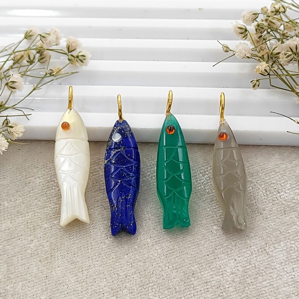 Carved gemstone fish necklace charm silver ocean jewelry