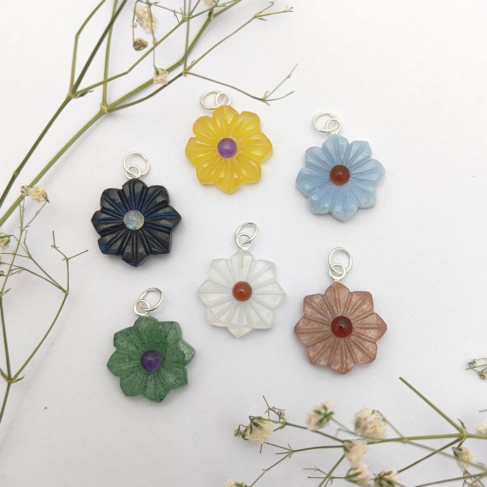 Blue Opal Flower Pendant Hand-Carved Blossom Charm for DIY Necklaces & Earrings- Selling Per Piece