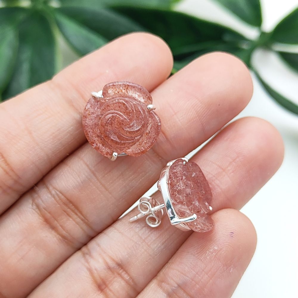 Single Pink Strawberry Quartz Stud Earring – 925 Sterling Silver Handmade Rose Floral Jewelry
