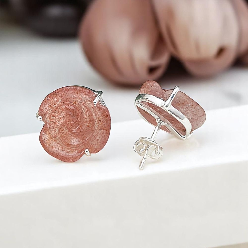 925 Sterling Silver Pink Strawberry Quartz Rose Earrings Handmade Gemstone Floral Studs- Selling Per Pair