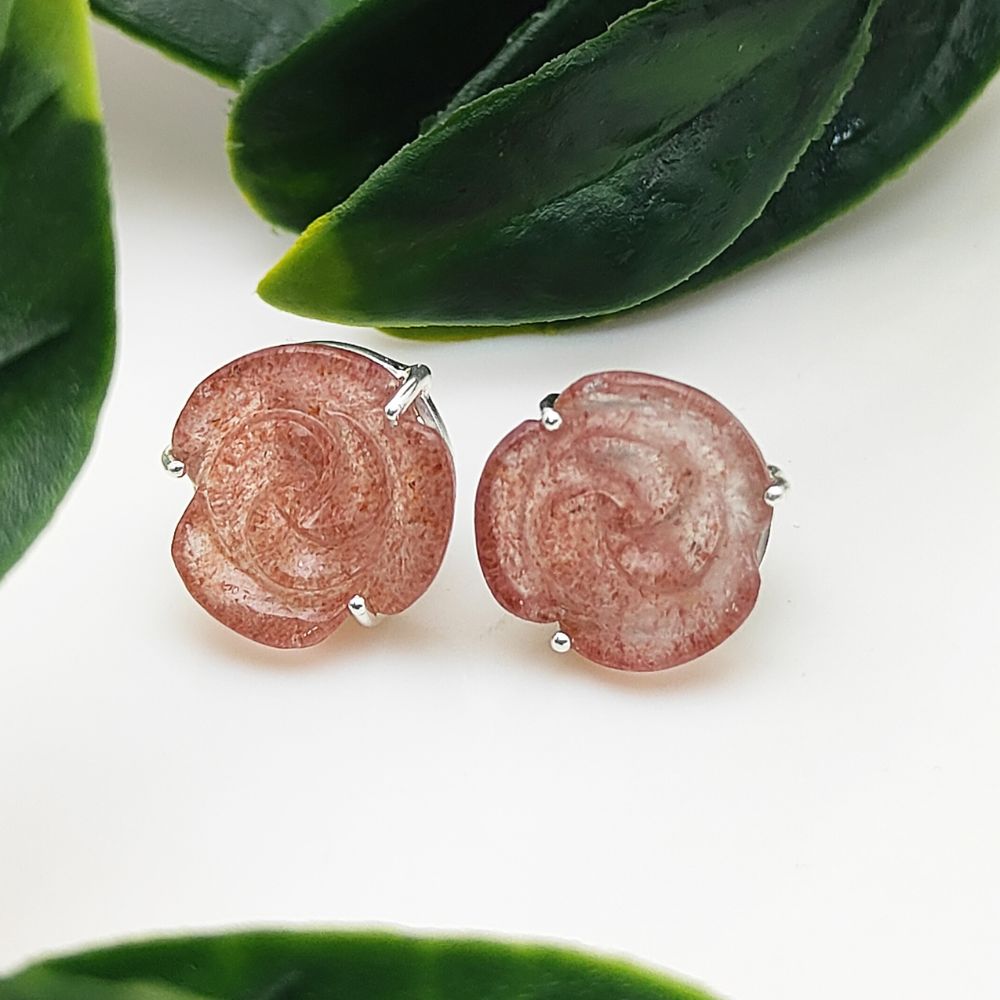 Delicate Pink Strawberry Quartz Floral Stud in Sterling Silver – Handmade Rose Design (Sold Individually)