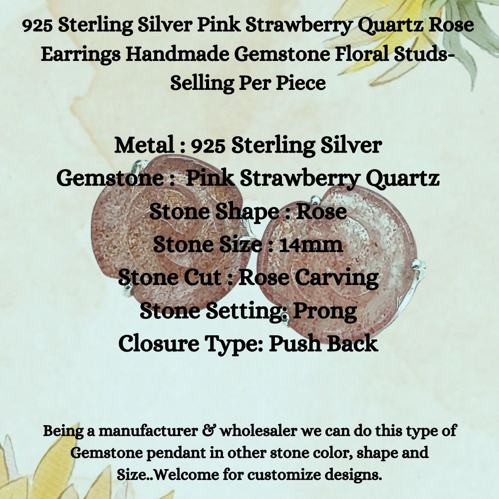 Pink Strawberry Quartz Rose Stud Earring – Handcrafted in 925 Silver, Floral Design (Per Piece)