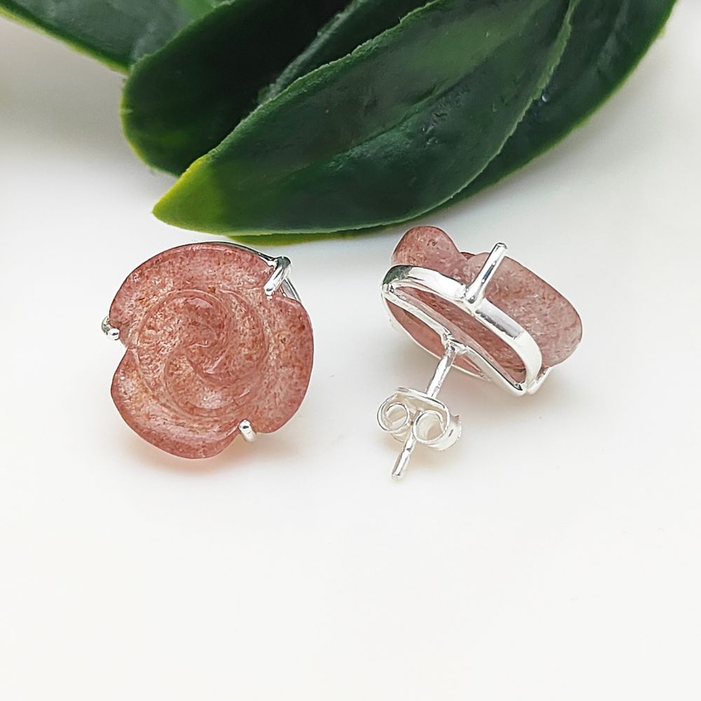 925 Sterling Silver Pink Strawberry Quartz Rose Earrings Handmade Gemstone Floral Studs- Selling Per Pair