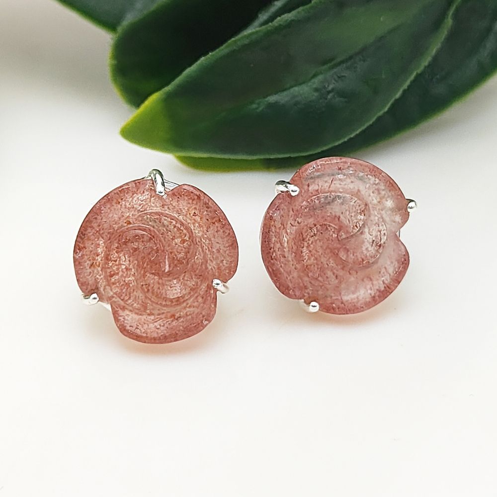 925 Sterling Silver Pink Strawberry Quartz Rose Earrings Handmade Gemstone Floral Studs- Selling Per Pair