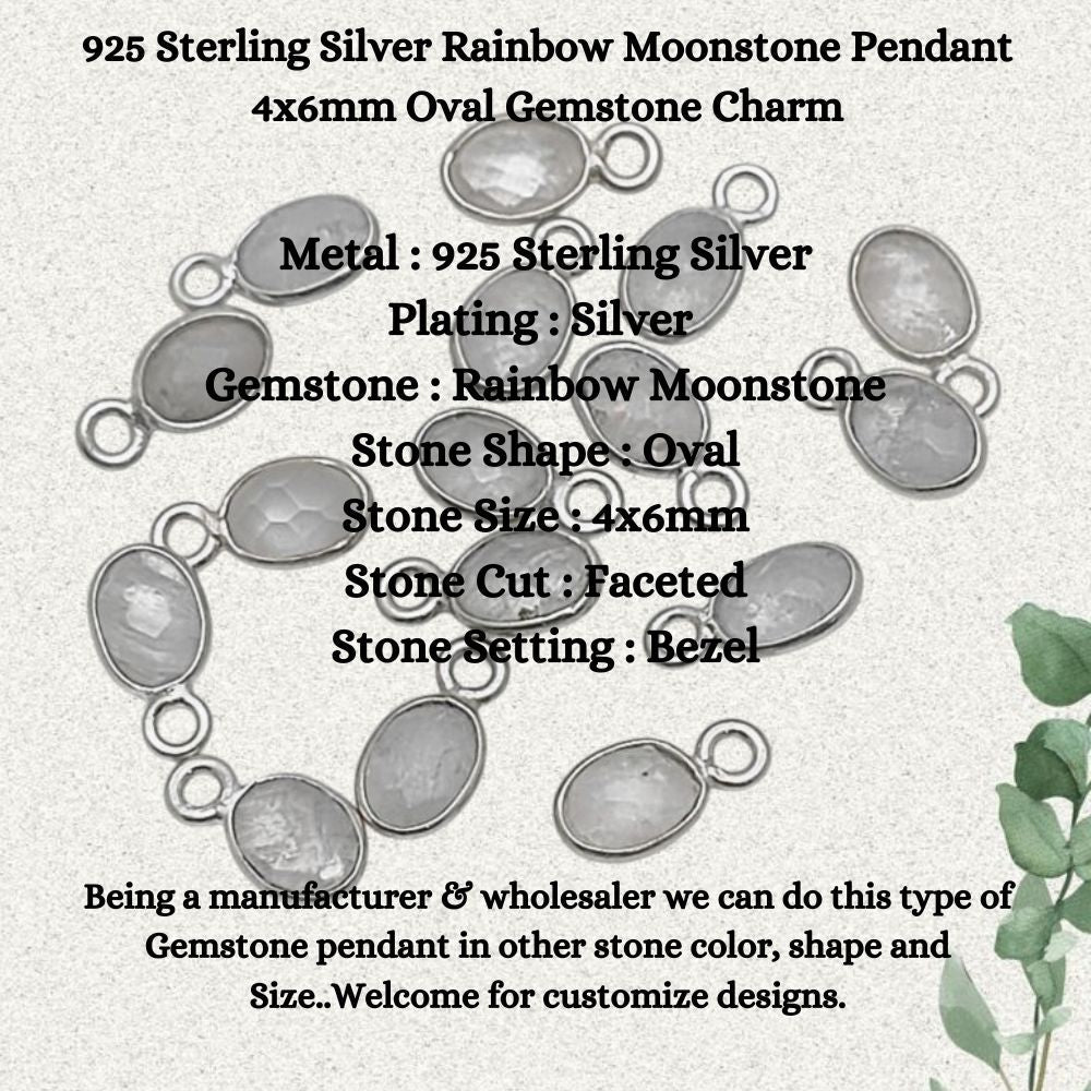 4x6mm Oval Rainbow Moonstone Charm Necklace
