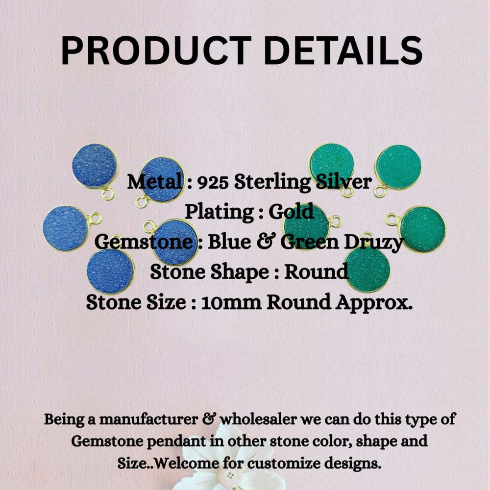 Green & Blue Druzy Round Gemstone Pendant Handcrafted Gold Plated Charm for DIY Jewelry- Selling Per Piece