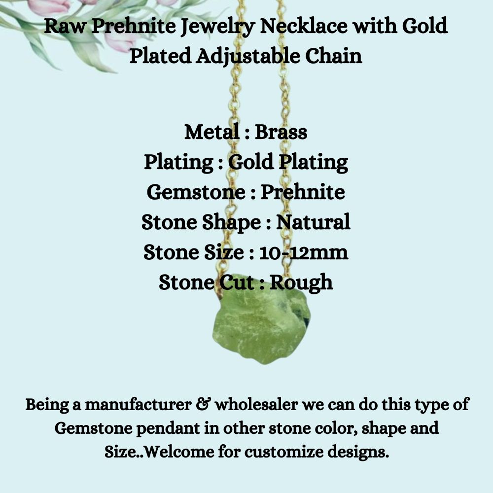 Raw Prehnite Jewelry Necklace with Gold Plated Adjustable Chain