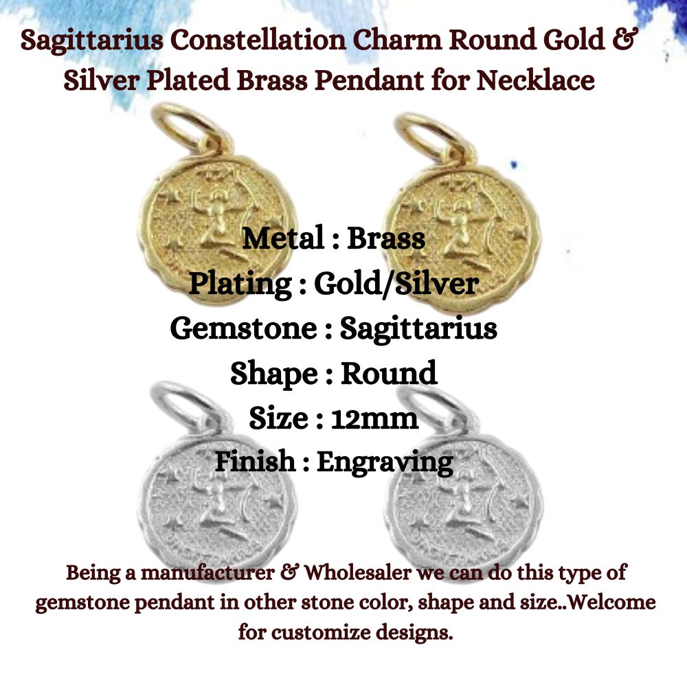 Sagittarius Constellation Charm Round Gold & Silver Plated Brass Pendant for Necklace, Bracelet & Handmade Jewelry Creations- Selling/Piece