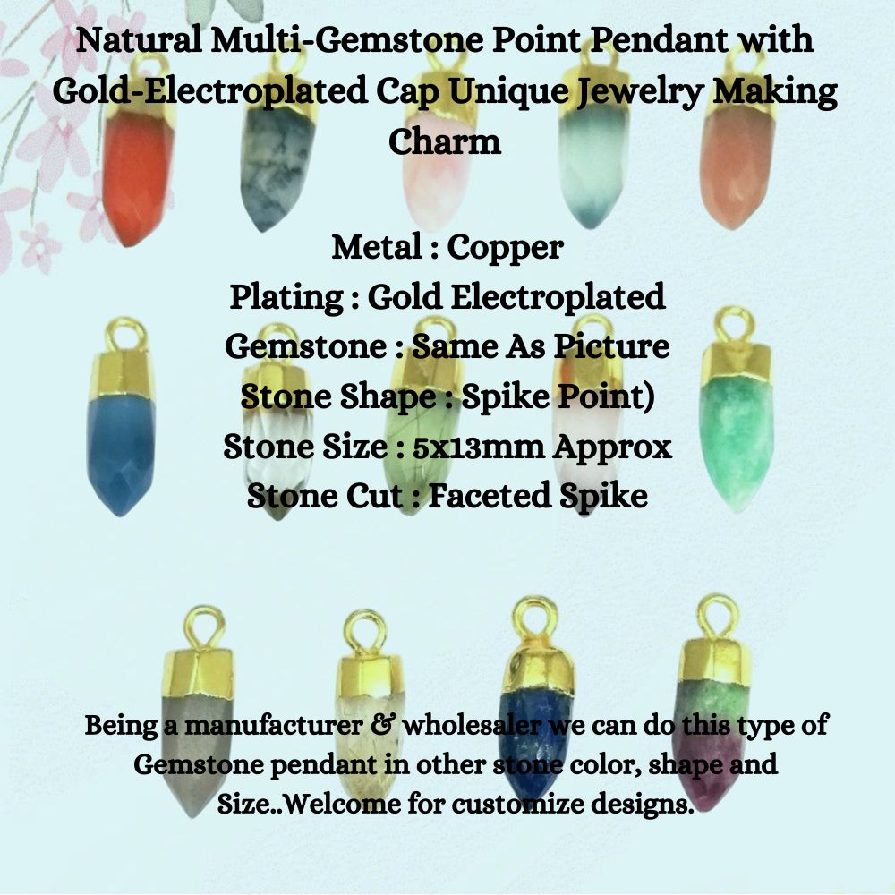 Natural Multi-Gemstone Point Pendant with Gold-Electroplated Cap Unique Jewelry Making Charm for Necklaces, Earrings & Bracelets