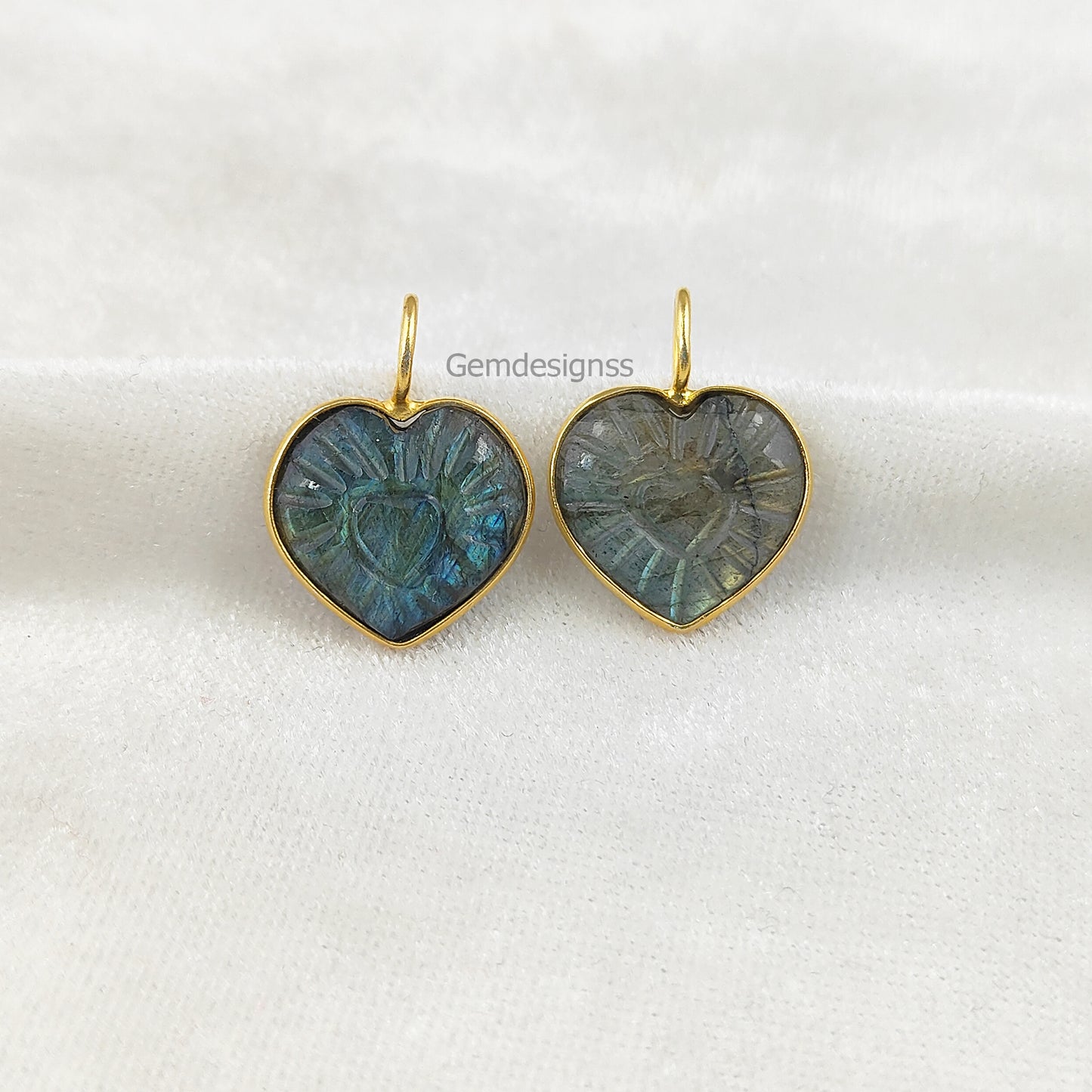 15mm Heart Carved Gemstone Pendant Gold Plated Silver Handmade Birthstone Jewelry- Selling Per Piece