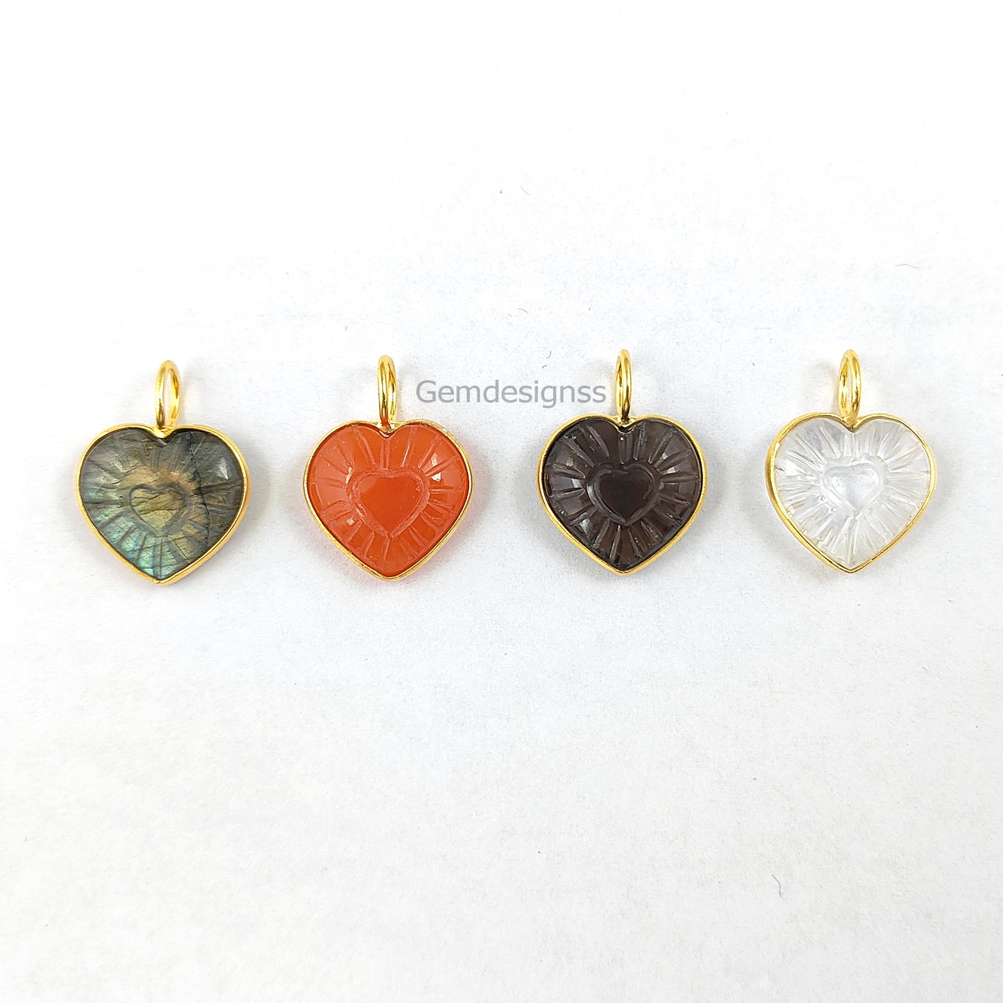 15mm Heart Carved Gemstone Pendant Gold Plated Silver Handmade Birthstone Jewelry- Selling Per Piece