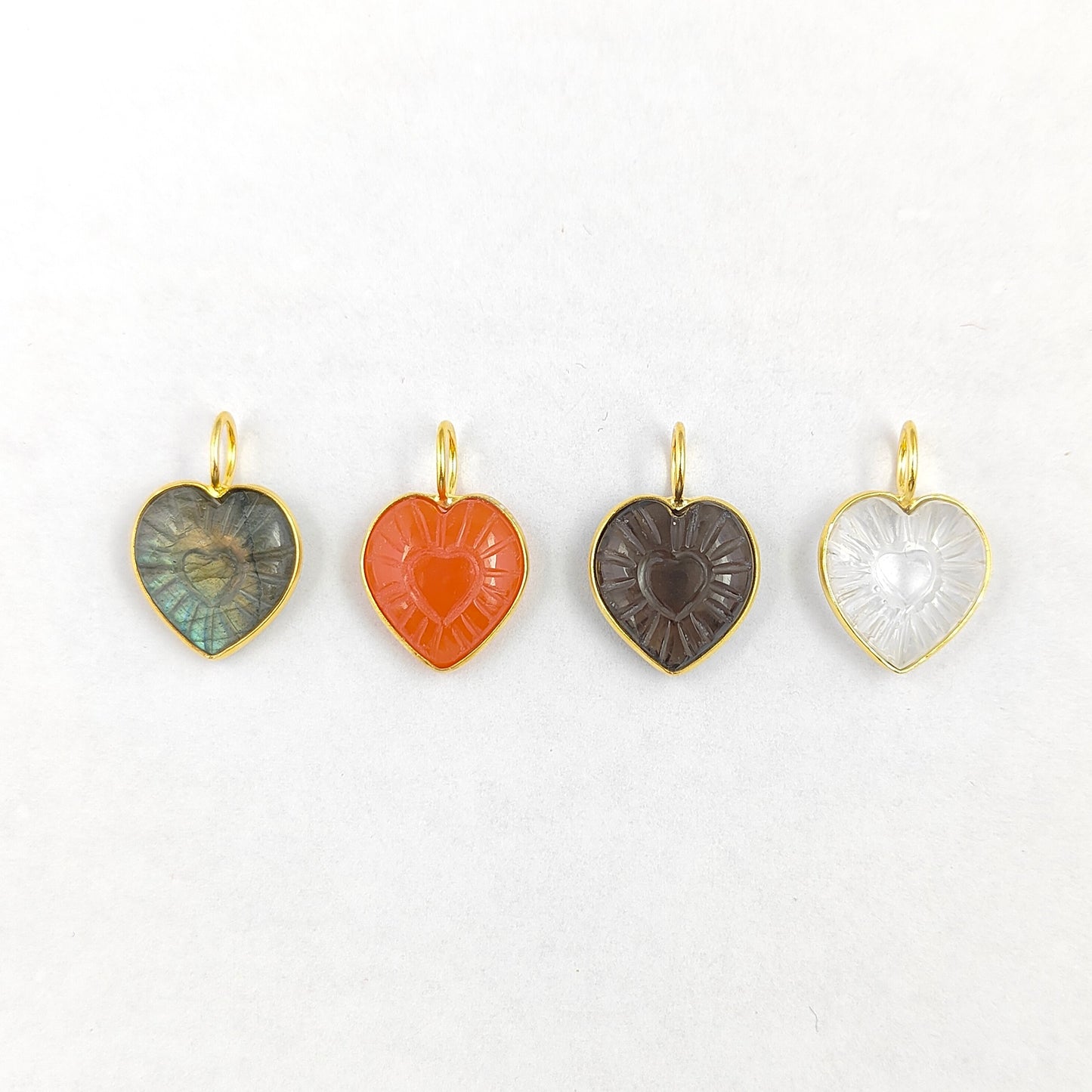 15mm Heart Carved Gemstone Pendant Gold Plated Silver Handmade Birthstone Jewelry- Selling Per Piece