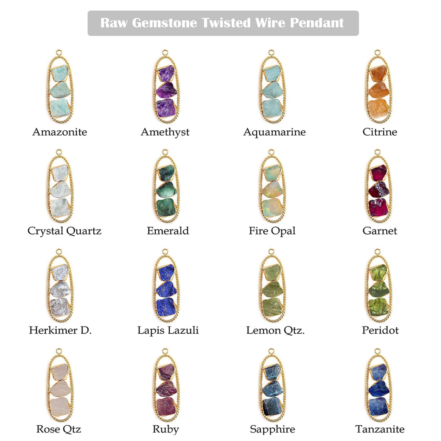 Raw Crystal Multi-Color Gemstone Pendant Gold Plated Twisted Wire Boho Style Jewelry