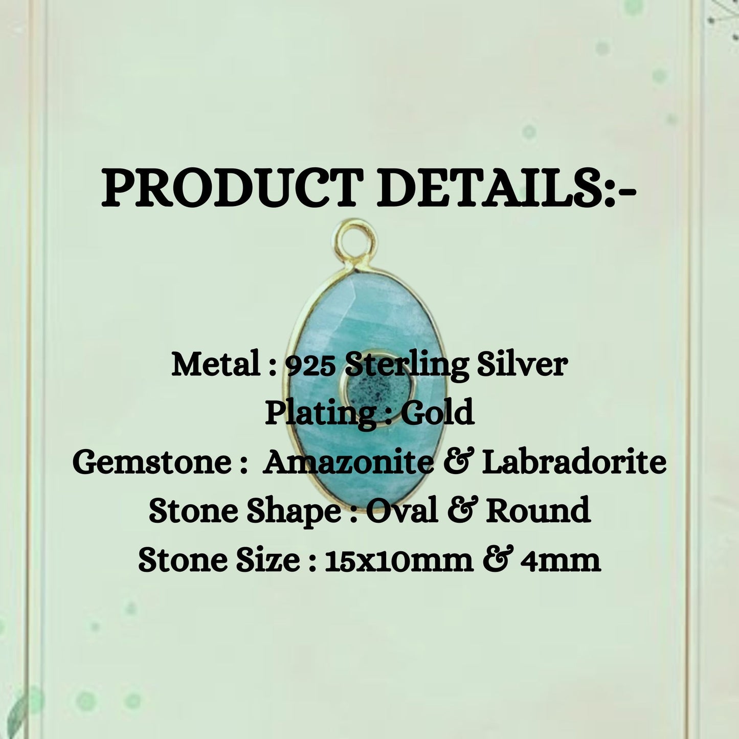 Gold-Plated Sterling Silver Amazonite & Labradorite Double Gemstone Oval Bezel Set Charm Pendant For Gift- Selling Per Piece