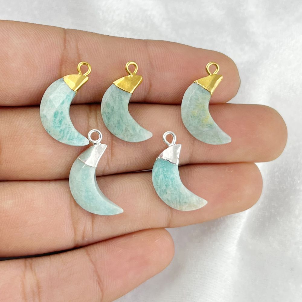 Crescent Amazonite Gemstone Pendant Gold/Silver Cap Charm for DIY Boho Jewelry Making Supplies