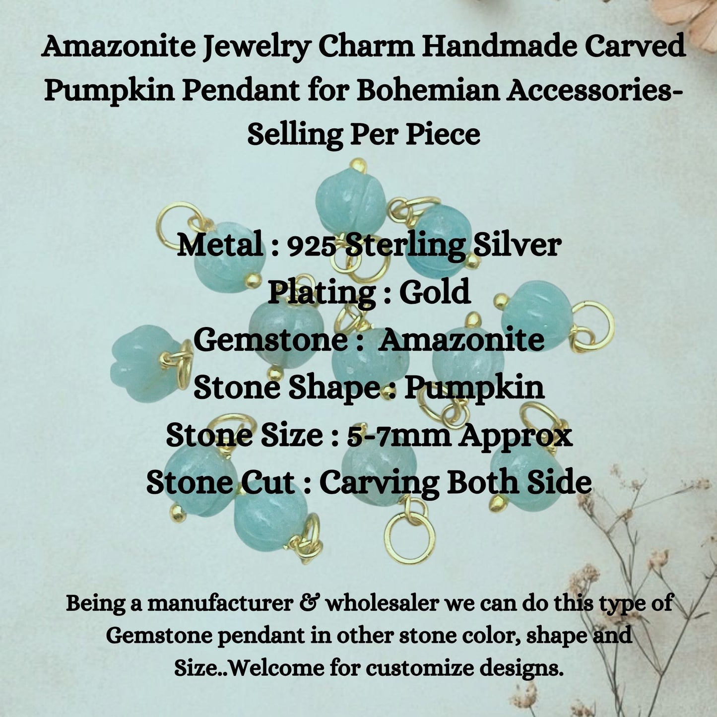 Amazonite Jewelry Charm Handmade Carved Pumpkin Pendant for Bohemian Accessories- Selling Per Piece
