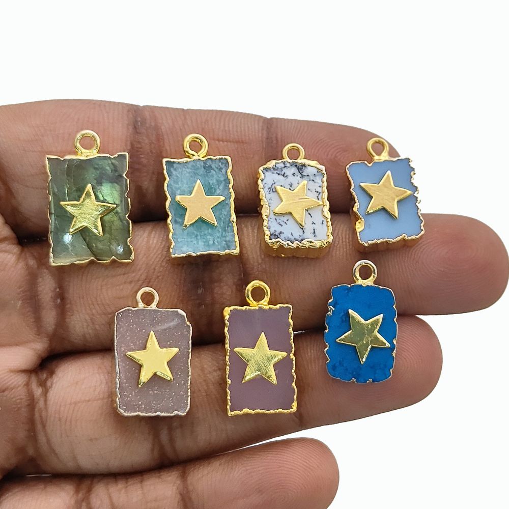 Pink Chalcedony star charm rectangle pendant for DIY necklace and jewelry craft
