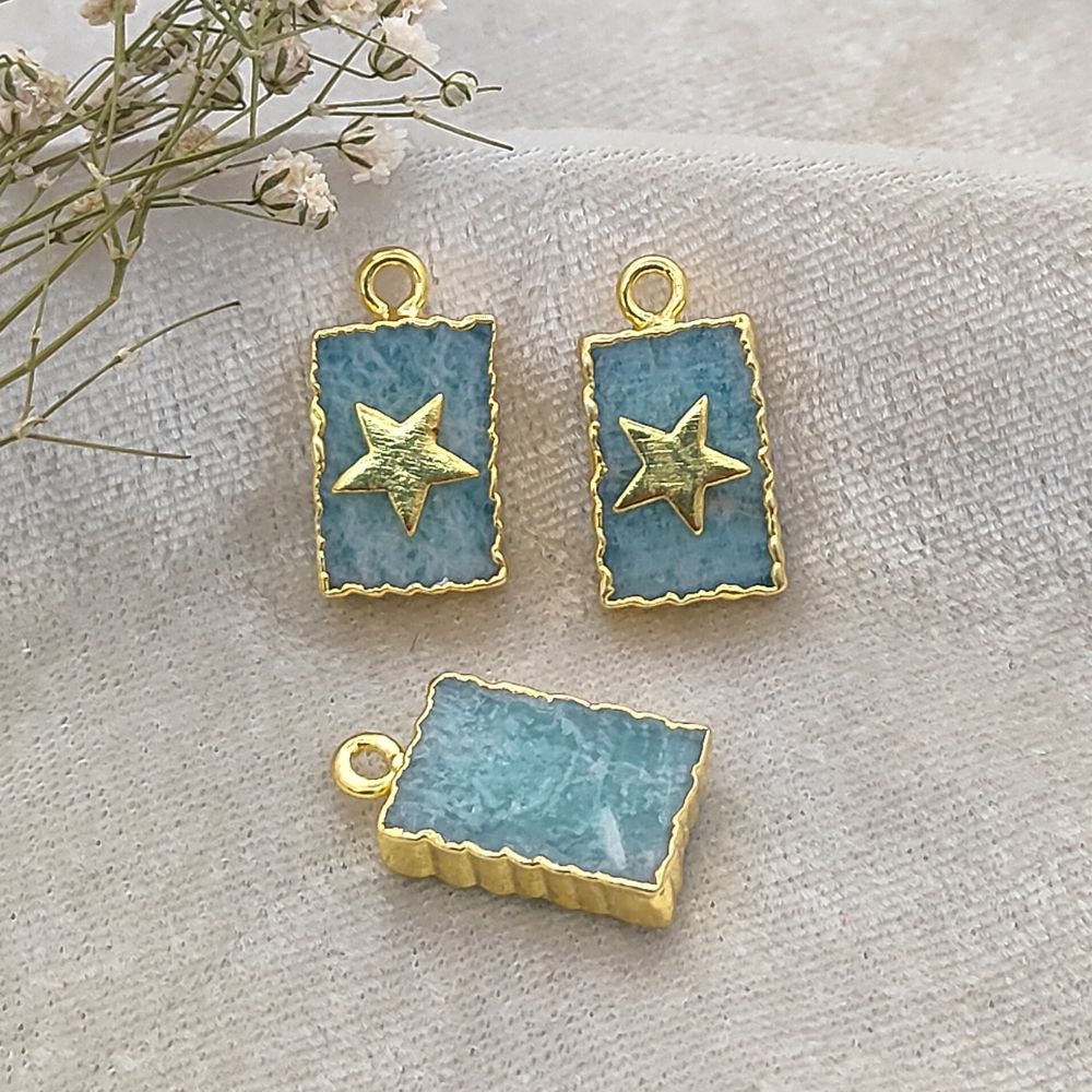 Amazonite slice gemstone rectangle charm gold plated with star accent