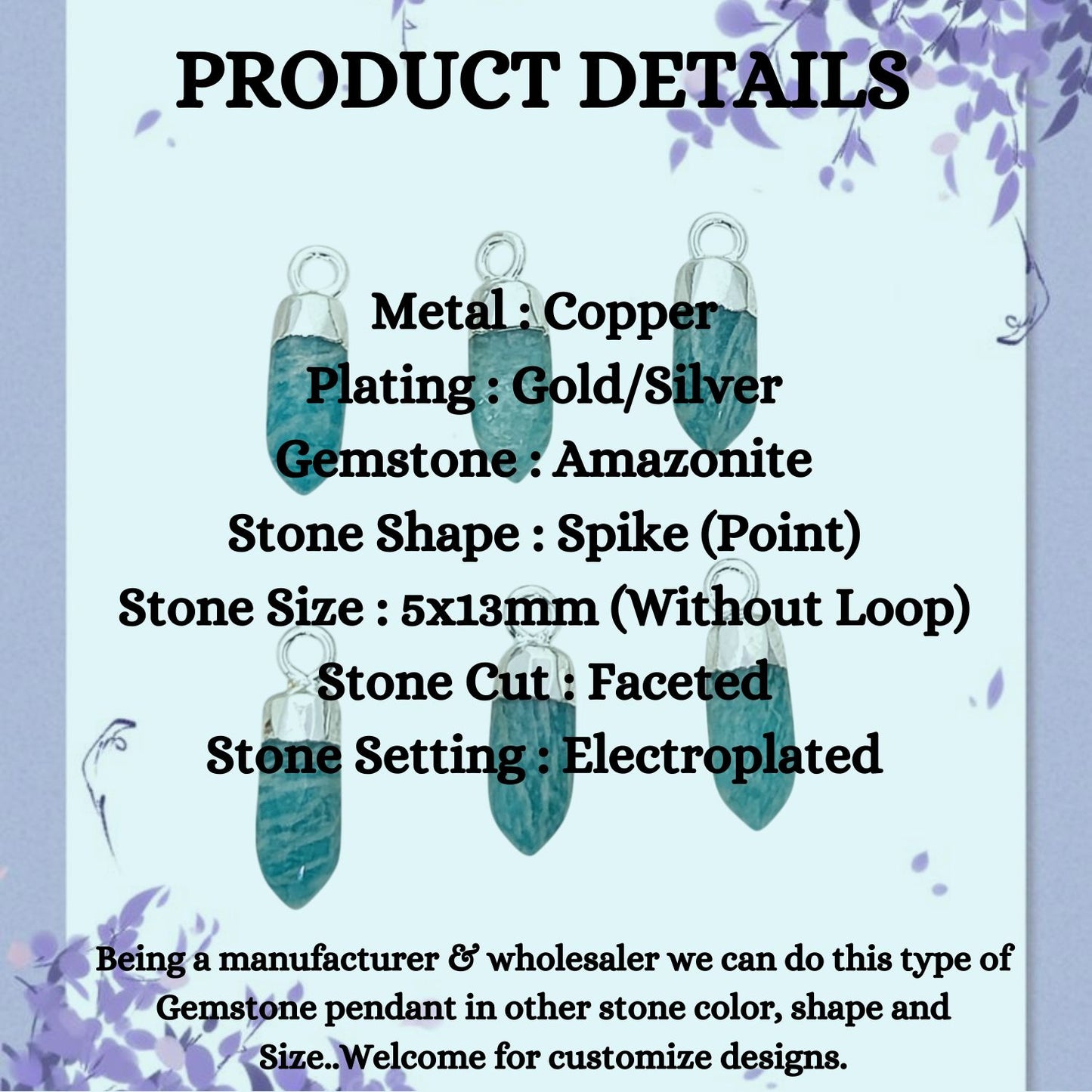 Amazonite Spike Pendant Gold/Silver Electroplated Raw Crystal Charm for DIY Jewelry & Handmade Necklaces- Selling Per Piece