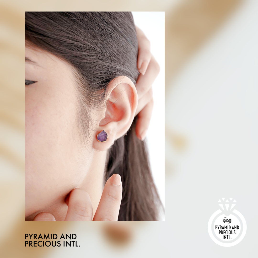 Handmade Raw Gemstone Stud Earrings Gold Electroplated All Birthstone Rough Stone Studs Jewelry For Her- Selling Per Piece