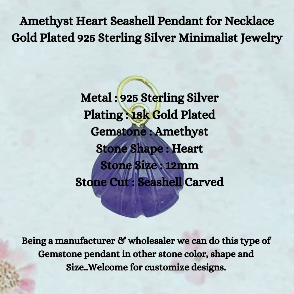 Handcrafted Amethyst Seashell Pendant February Birthstone Gold Plated Silver Jewelry
