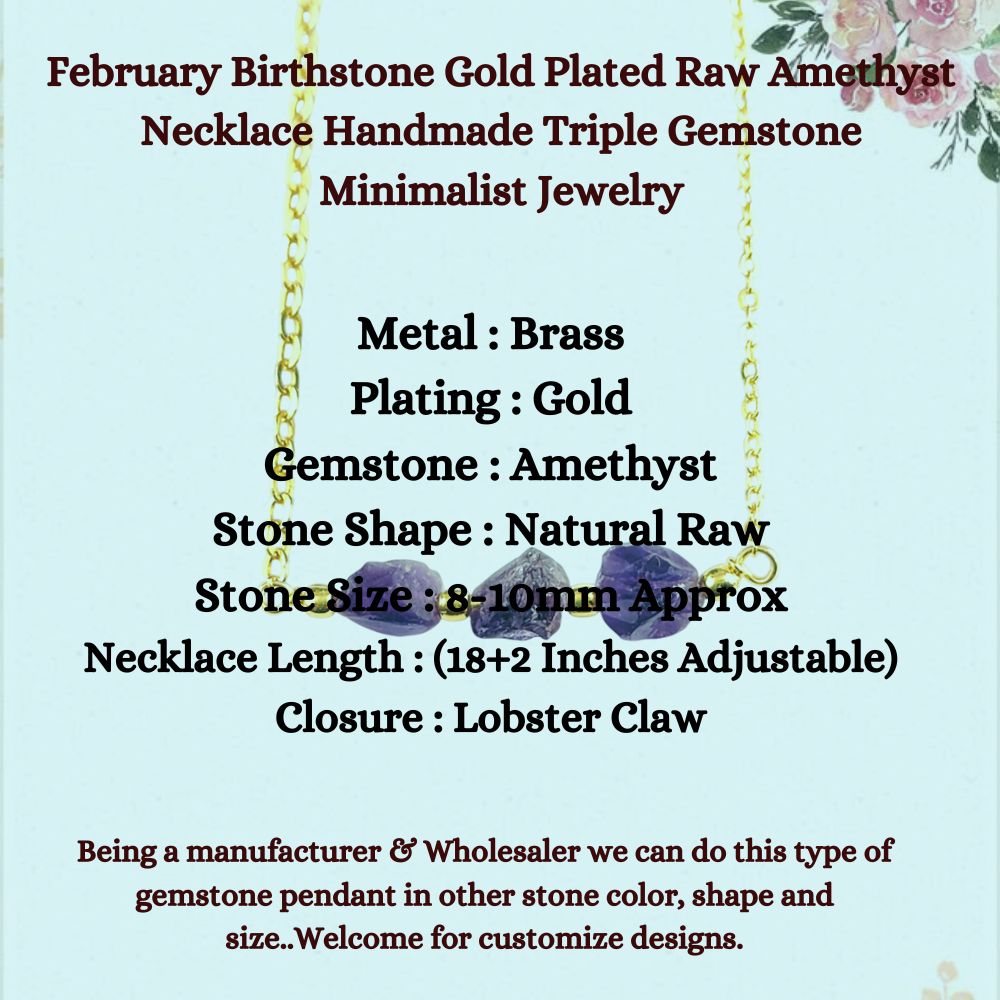 February Birthstone Gold Plated Raw Amethyst Necklace Handmade Triple Gemstone Minimalist Jewelry for Gift- Selling per Piece