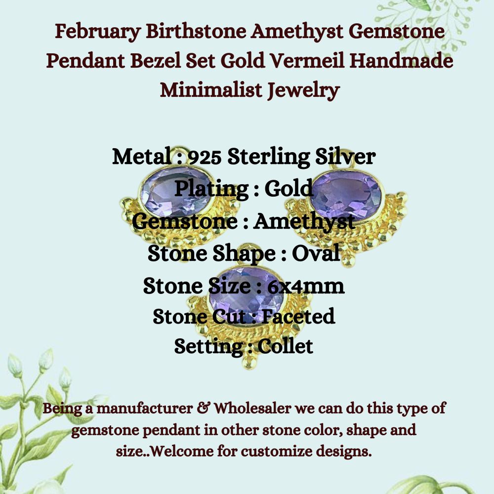 February Birthstone Amethyst Gemstone Pendant Bezel Set Gold Vermeil Handmade Minimalist Jewelry for Women- Selling Per Piece