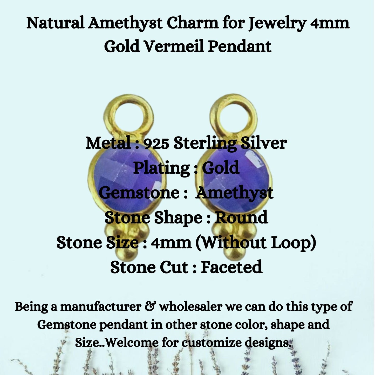 Natural Amethyst Charm for Jewelry 4mm Gold Vermeil Pendant