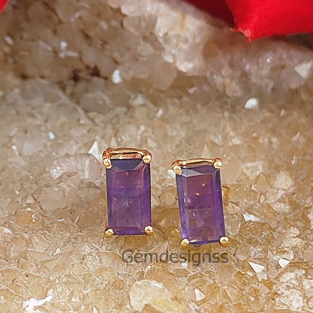 Handmade Multi-Gemstone Studs Gold Vermeil Prong Set Baguette Shape Stud Earrings with Push Back- Selling Per Pair